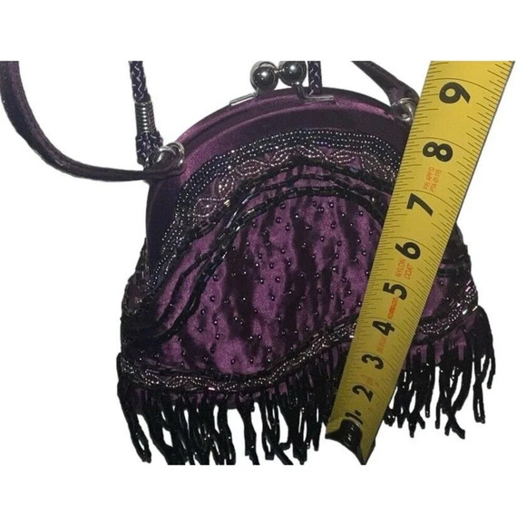 Vintage Kate Laundry Purple SCALLOPED SILK EVENING BAG Beaded Fringe Sequins - Picture 13 of 16